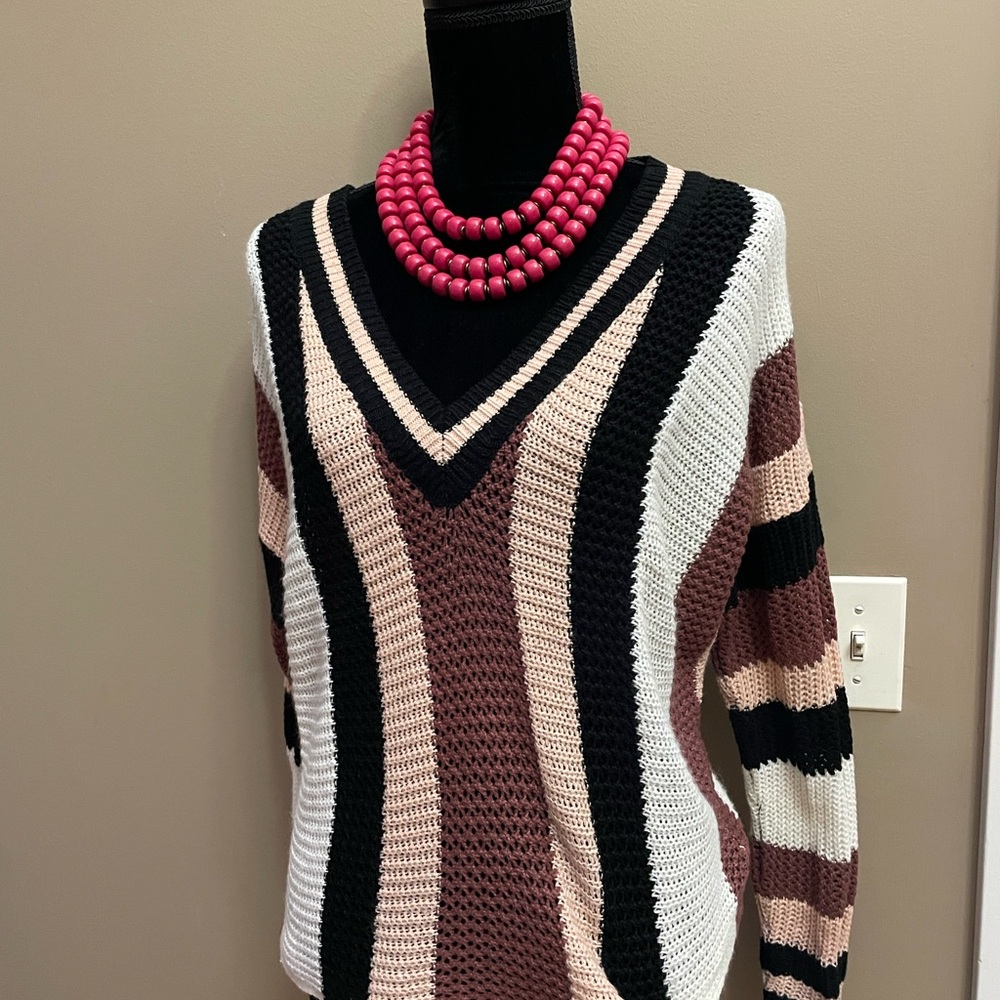 Forever 21 Cream and Brown V-Neck Sweater
